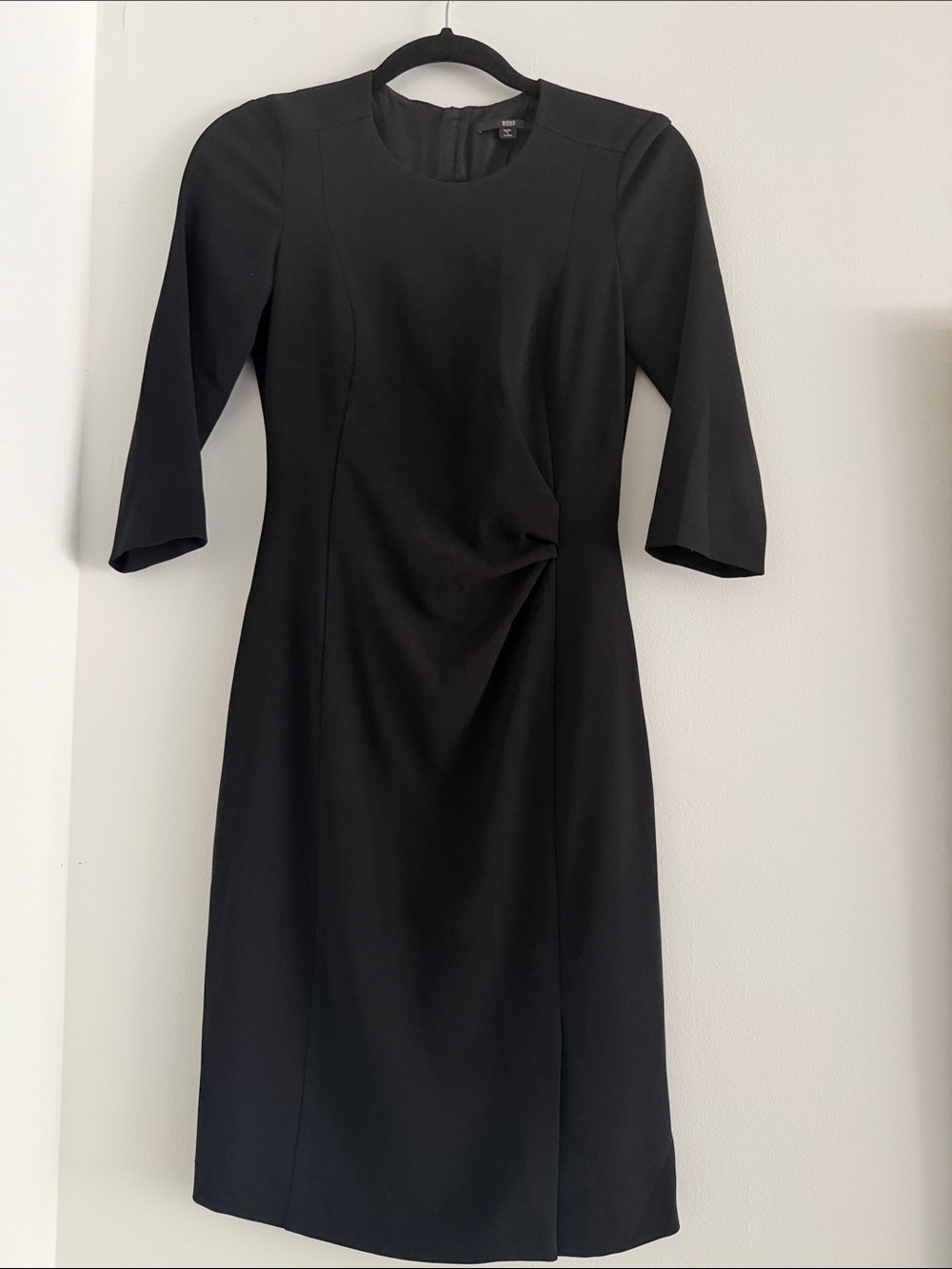 Hugo Boss Classic Black Sheath Dress with Ruched Waist Detail Bracelet Sleeve